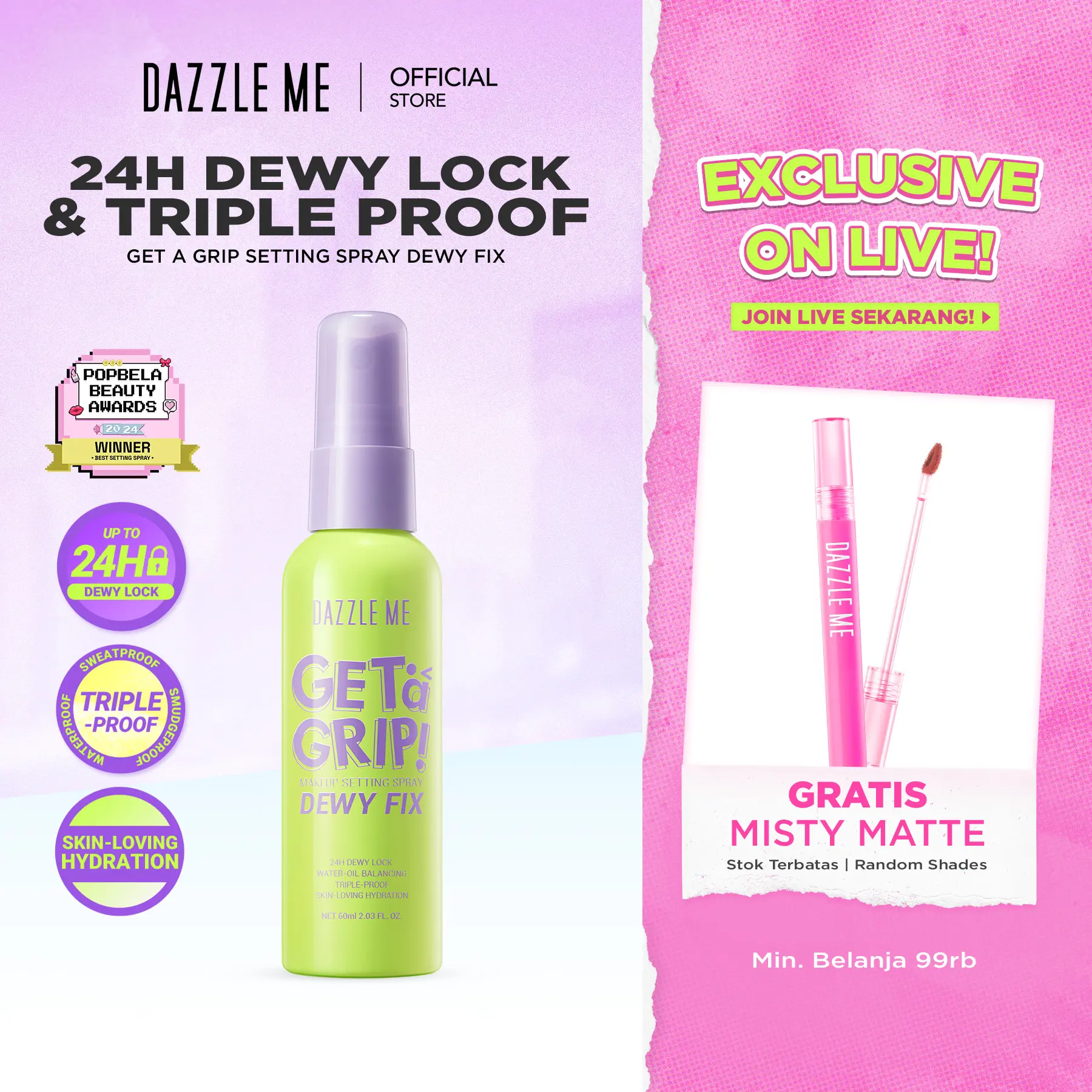 [POPBELA Best Setting Spray 2024 Winner] DAZZLE ME Get a Grip! Makeup Setting Spray Dewy Fix Beauty Protecting 4 X Hydrating Makeup Mist Flawless Lightening Primer Water Tahan 24 JAM