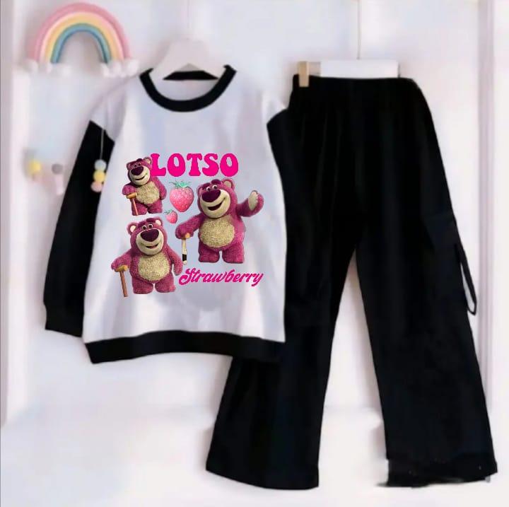Setelan anak celana cargo karakter Lotso Bear Strawberry bahan crinkle kekinian setelan kaos panjang anak perempuan setelan  anak Setelan Baju 6