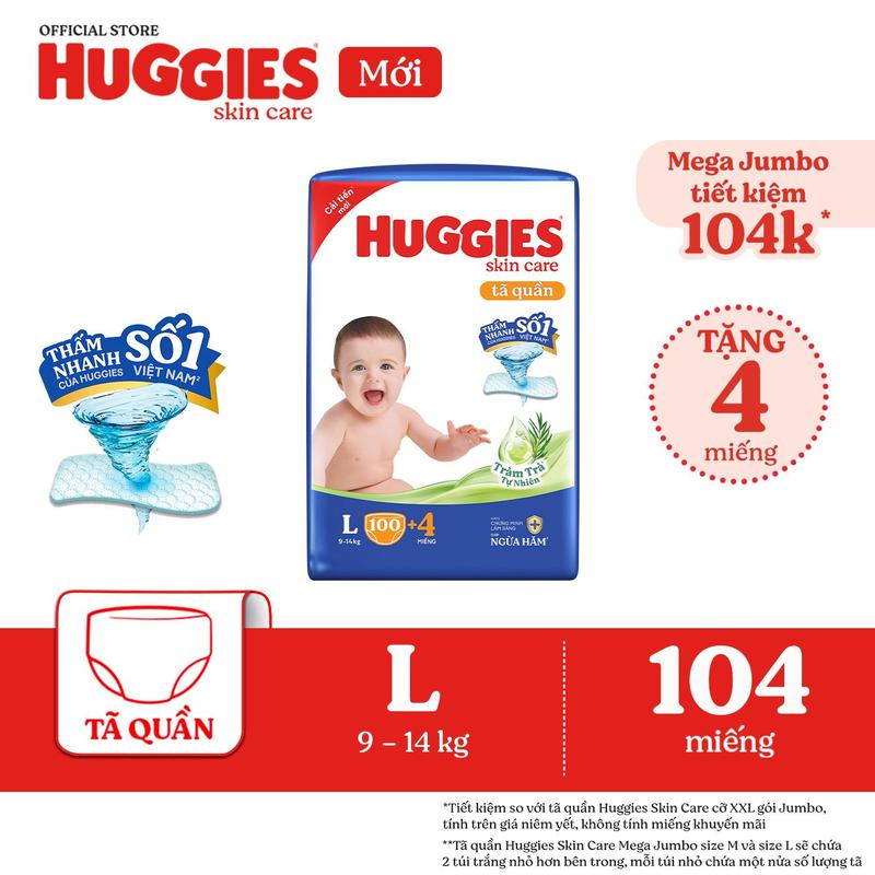   Deal Shock  Tã  bỉm quần Huggies Skincare Mega Jumbo với tràm trà dịu da Size L96+8 