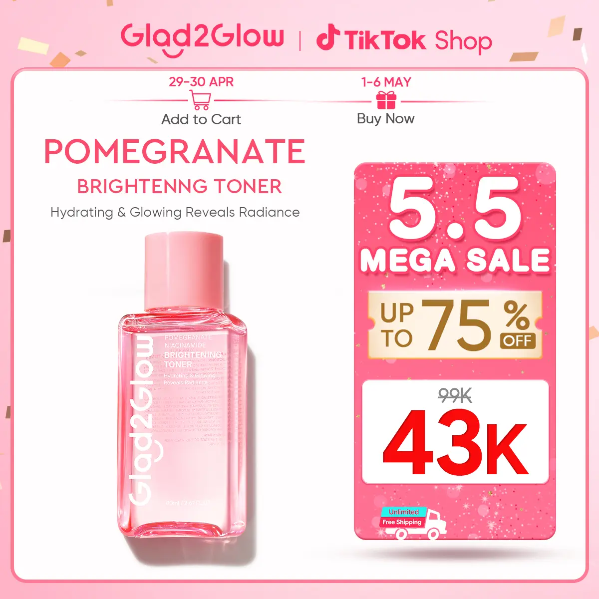 Glad2Glow Brightening Toner Pomegranate Niacinamide 80ml | Glowing Kulit Terhidrasi Tampak Lebih Cerah Menghidrasi Tampak Lebih Cerah whitening Acid Mencerahkan Kulit Niacinamide
