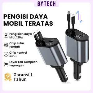Bytech Retractable Cable Car Charger SCH02 Colokan Mobil 4 Ports USB IOS Type C Lightning 4in1 Pengisian Cepat 120W Fast Charging Rectractable Cable