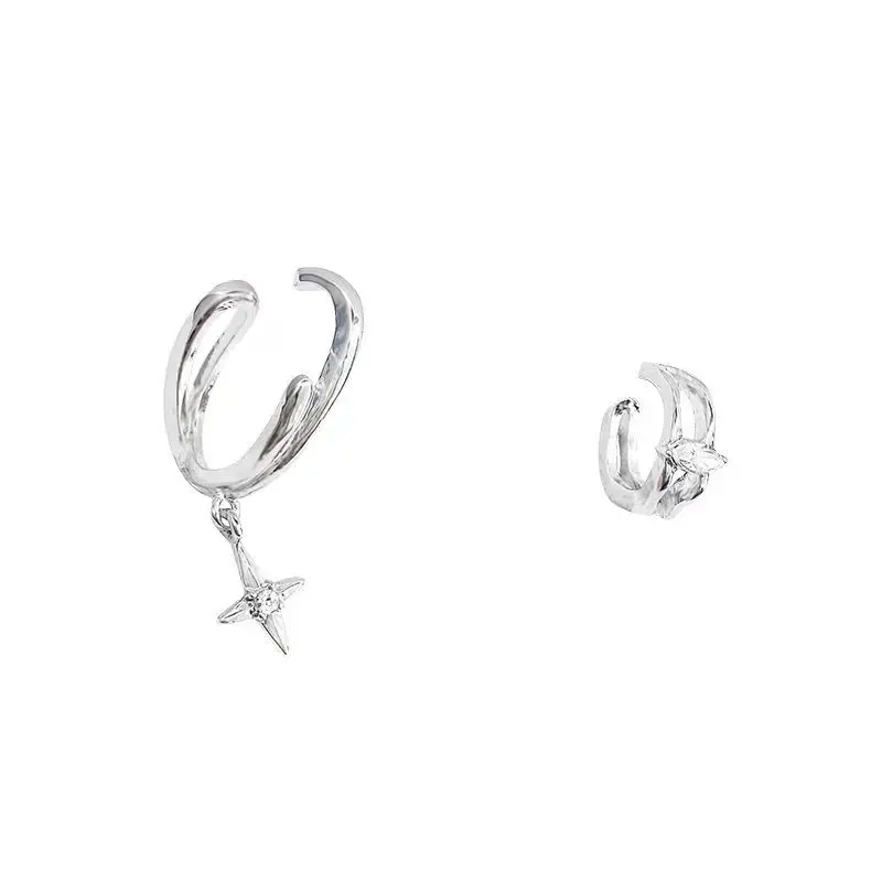 Kẹp Tai Màu Bạc, Hình Ngôi Sao Bốn Mặt, Dành Cho Nữ, Phong Cách Cao Cấp Kiểu Pháp, Đơn Giản Và Thanh Lịch, Bộ Hai Mảnh, Không Cần Xỏ Lỗ Tai, Kẹp Xương Tai