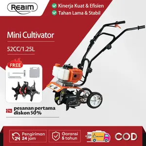 REAIM Mini Tiller Bensin 144F 52cc 2-Stoke Mesin Pengolah Tanah Mikro untuk Kebun & Pertanian dengan Gearbox Aluminium & Roda Karet 30cm