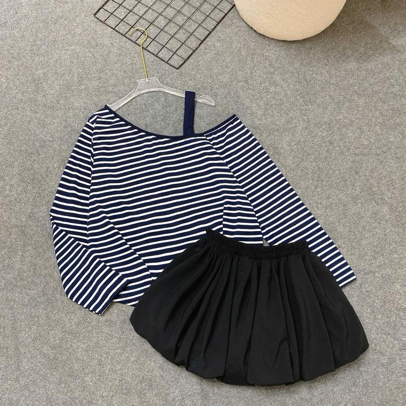 Đồ Bộ Bigsize Nữ Tiểu Thư Áo Phông Kẻ Tay Dài Lệch Vai Phối Váy Bí Dễ Thương Bigsize 55-92Kg - A319 CV413