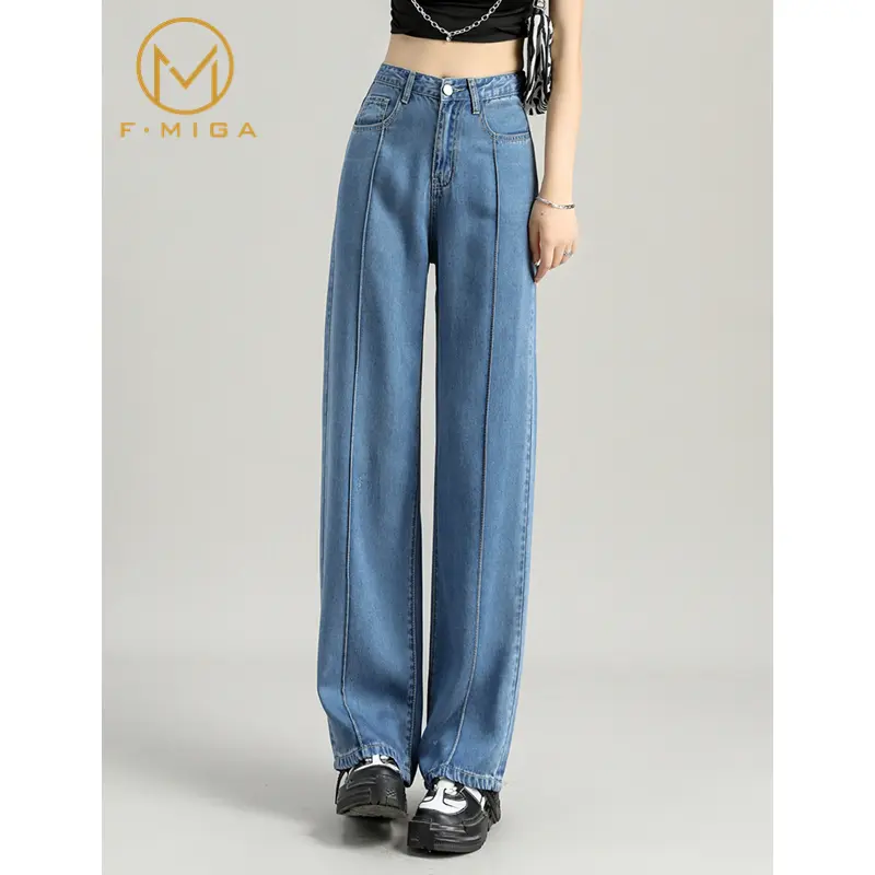 F·MIGA C26 Korean Style High Waist Celana Boyfriend Jeans Loose Wide Leg Panjang Celana Jeans Wanita - Biru