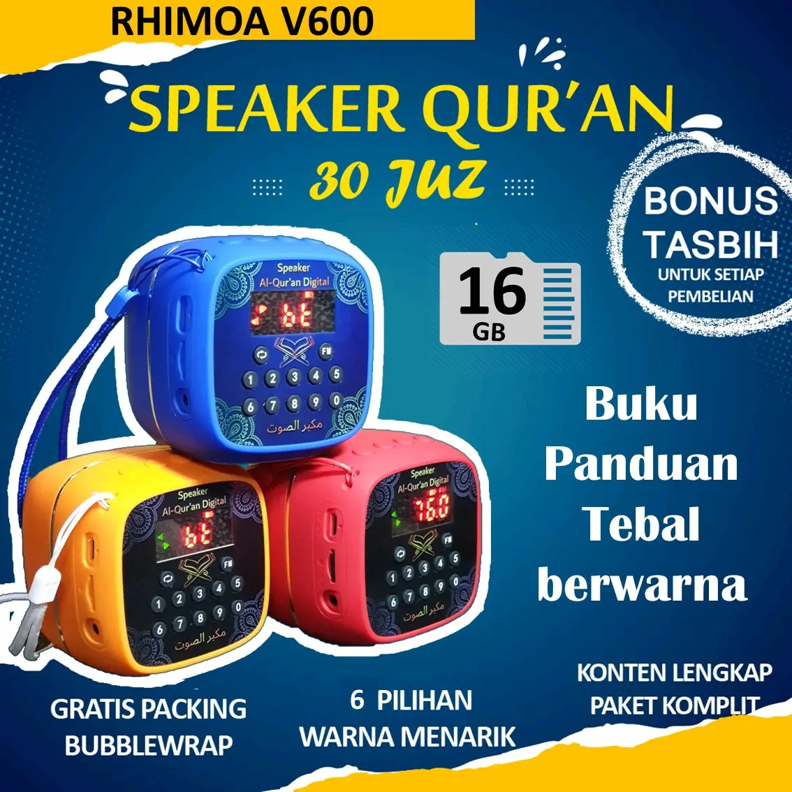Speaker Alquran Rhimoa V600 Mini 16 GB 30 Juz/ Murotal Al quran Bluetooth