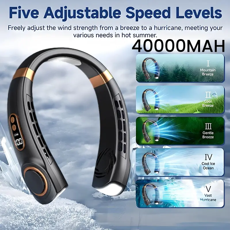 40000MAH Neck Fan Portable Hanging Cooling USB Rechargeable Digital Display Bladeless Fan Portable Outdoor Fan Kipas Leher Lighting Blue 5 Kecepatan