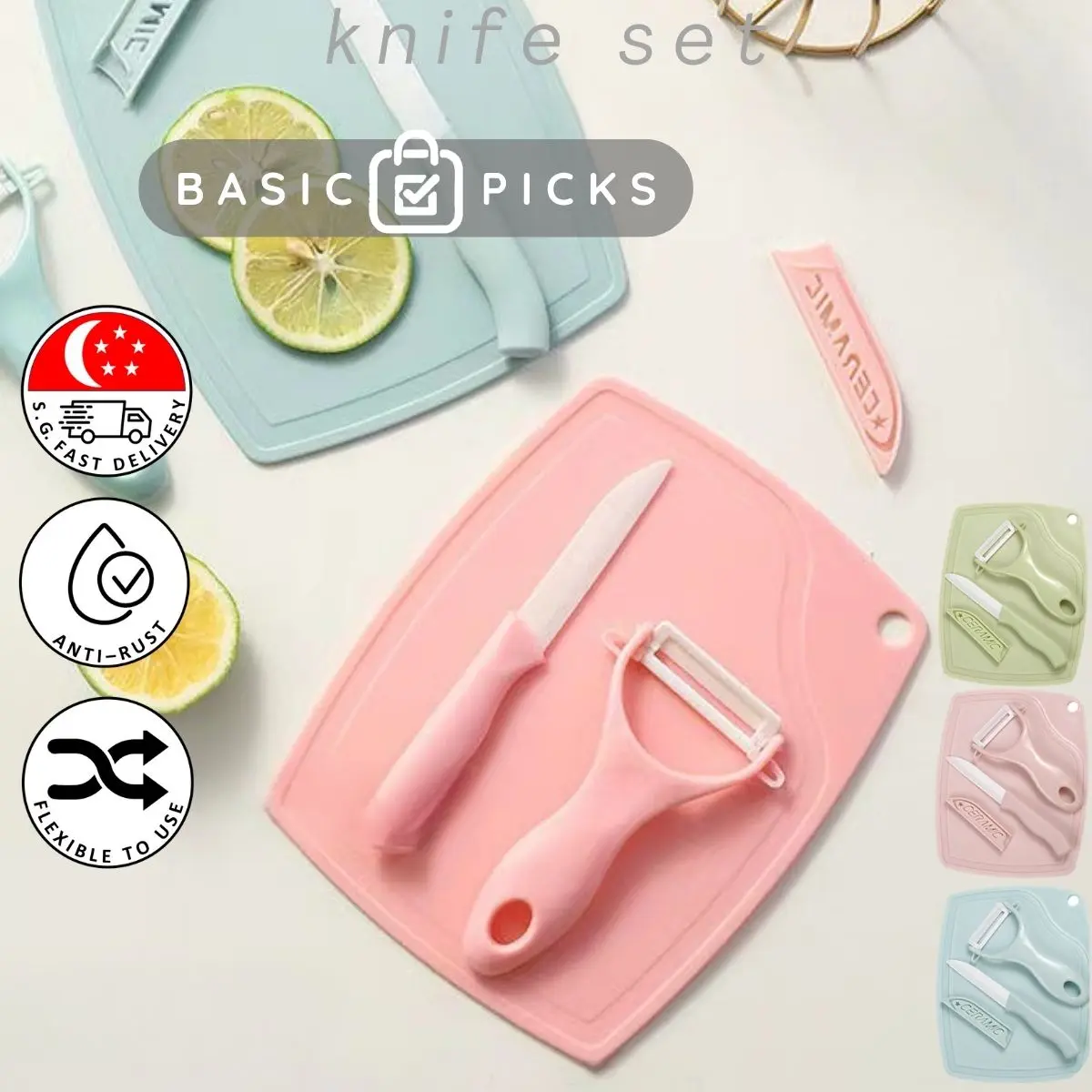 【SG Stock】Mini Small 3 in 1 Fruit & Baby food Kitchen Anti-Rust Ceramic Knife and Peeler and Chopping Board Set