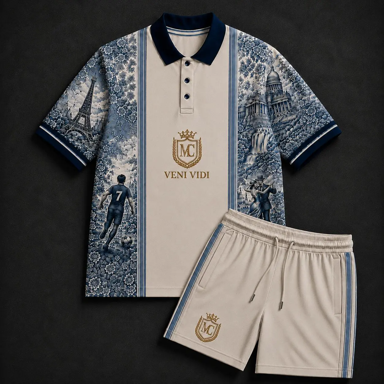 VENI VIDI Set Bộ Đồ Nam Thể Thao Cao Cấp Heritage Collection Áo Polo Phối Quần Short Họa Tiết Sang Trọng Phong Cách Lịch Lãm