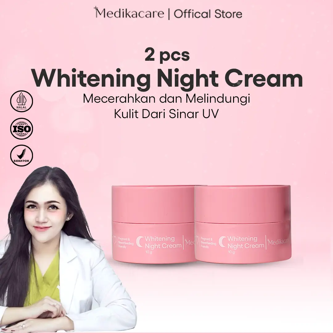 Paket 2 Botol Medikacare Whitening Night Cream (Krim Pencerah Wajah) | Mencerahkan, Memudarkan Flek, Glowing