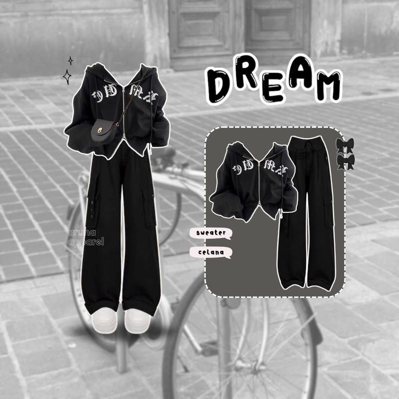 2in1 One Set Wanita Kece Korean Baju Setelan Wanita Kekinian Set Korean (Hoodie, Celana) Set AA211 Hitam Panjang Atasan Casual Bawahan Oversize Kulot Kerja Top 0