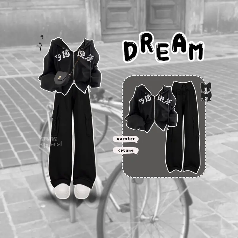 2in1 One Set Wanita Kece Korean Baju Setelan Wanita Kekinian Set Korean (Hoodie, Celana) Set AA211 Hitam Panjang Atasan Casual Bawahan Oversize Kulot Kerja Top 0