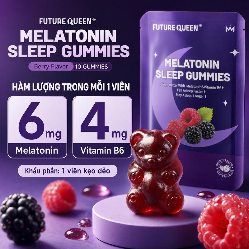 FUTURE QUEEN Kẹo Dẻo Melatonin Hỗ Trợ Giấc Ngủ Ngon, Sleep Gummies Melatonin 6 mg + Vitamin B6 4 mg Mỗi Viên, Vị Berry, Hình Gấu, Túi 10 Viên, Dành Cho Người Lớn
