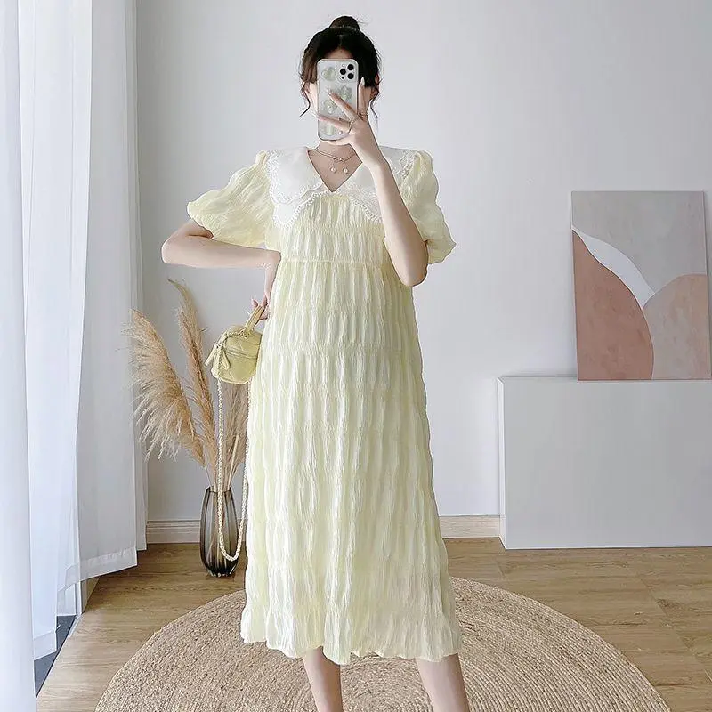Pregnant Women's Summer Thin Gentle Style Large Size High Grade Doll Neck Pregnant Women's Dress Temperament Long Chiffon Dress