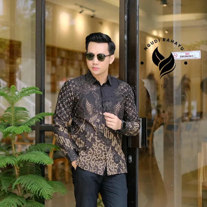 Batik Pria Premium batik pria modern 2025 Nyaman Baju Fit Katun Panjang Hitam Motif Dewasa Kerja Cowok Hem Slim Keren 2