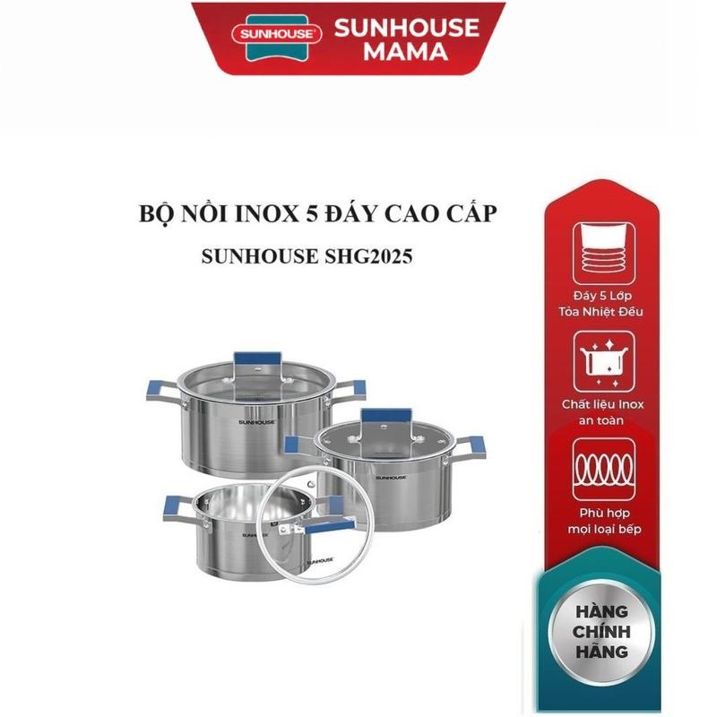Bộ nồi Inox 5 đáy cao cấp Sunhouse SHG2025 (16-20-24cm) dùng trên mọi loại bếp_hàng