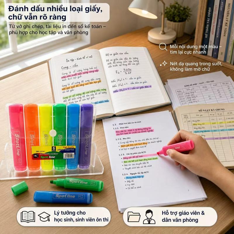 Bút dạ quang Mực đậm, nổi bật, không thấm sang trang sau, thích hợp học tập, gạch ý chính