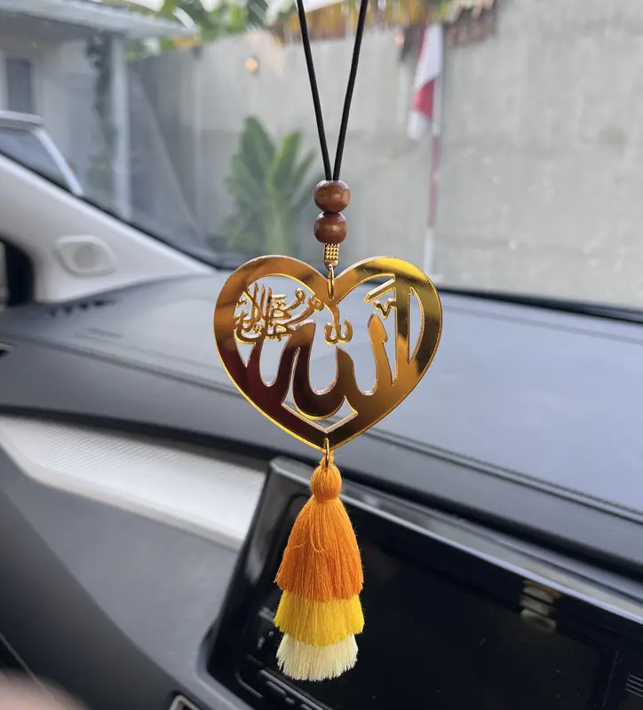 Gantungan Spion Mobil Lafadzh Allah Warna Emas Bolak Balik Tebal 4 mm Ukuran 7 cm buat 2