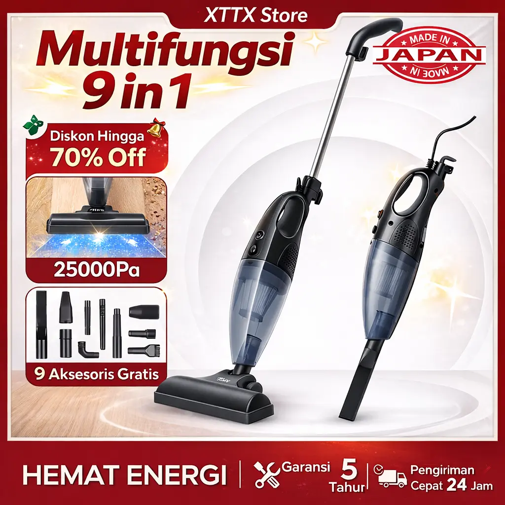 【COD】TIXX Vacuum Cleaner 25000Pa 30000Pa 500W Handheld 9in1 Silent 500Watt Multifungsi Alat Penyedot Debu Vakum Portable 10 Jenis Kepala Sikat 2in1 Pel Elektrik Otomatis Hapus Tungau Pembersih Penghisap Debu untuk Rumah Mobil Karpet Kasur Sofa