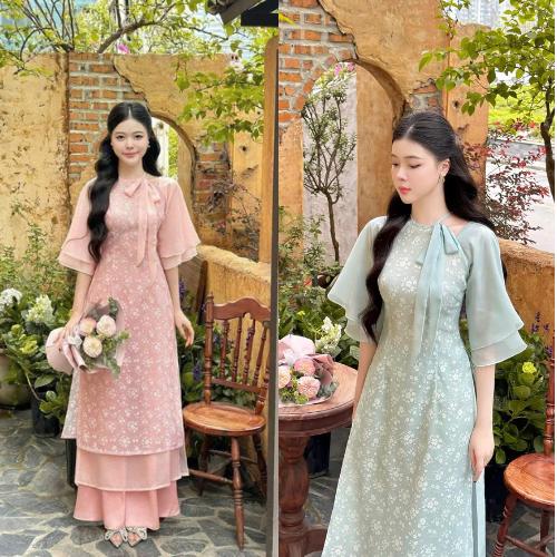 Áo dài cách tân Đồ mặc Tết Set áo dài du xuân Voan tơ hoa tay tầng cột nơ mix quần dài Tuyết Nhung thích hợp cho chị em diện đi chơi Tết đi chùa lễ lộc chụp ảnh xinh đẹp dịu dàng