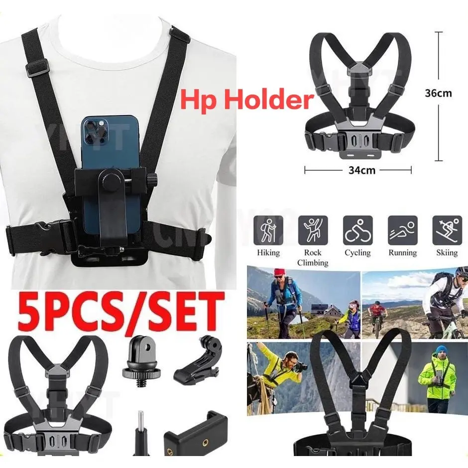 Sinar Makmur Holder Hp Chest Strap Tali Dada Pegangan Handphone & Mount Kamera Body Belt Clip Clamp 360 Go Pro CAM Dudukan Smartphone Gantungan Elastis Camera Accessories