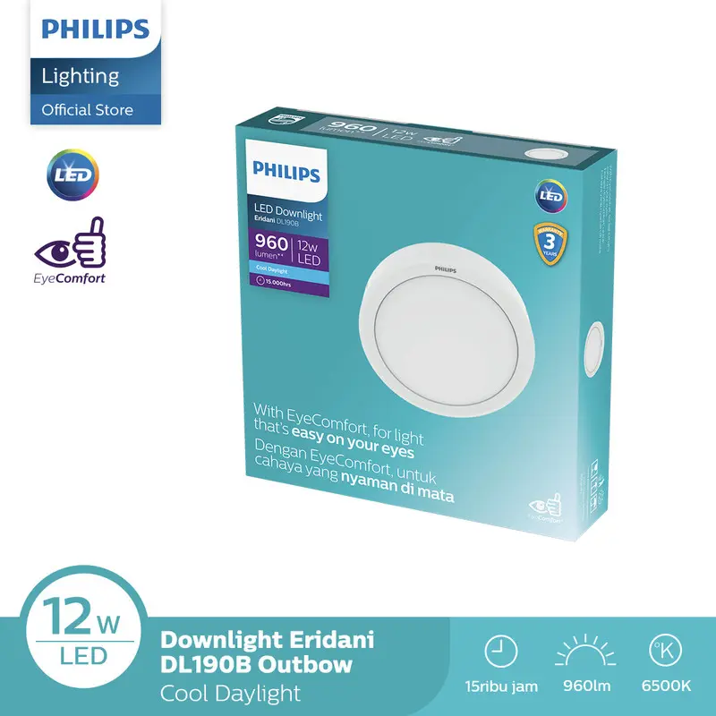 Philips Lampu LED Downlight Eridani Round Surface 12W D150 6500K Putih