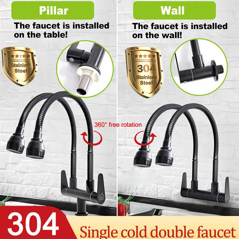 Black SUS304 Stainless Steel Kitchen Sink  Faucet  Double Tap 360° Rotating Hose Flexible Shower