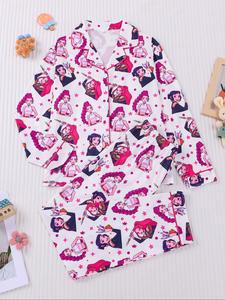Conjunto de 2 piezas para niños con estampado de cazadora de K-Pop, estrellas y lunares, pantalones de manga larga con cierre de botones y cintura elástica, ropa casual de casa para todas las estaciones y pijamas para niños