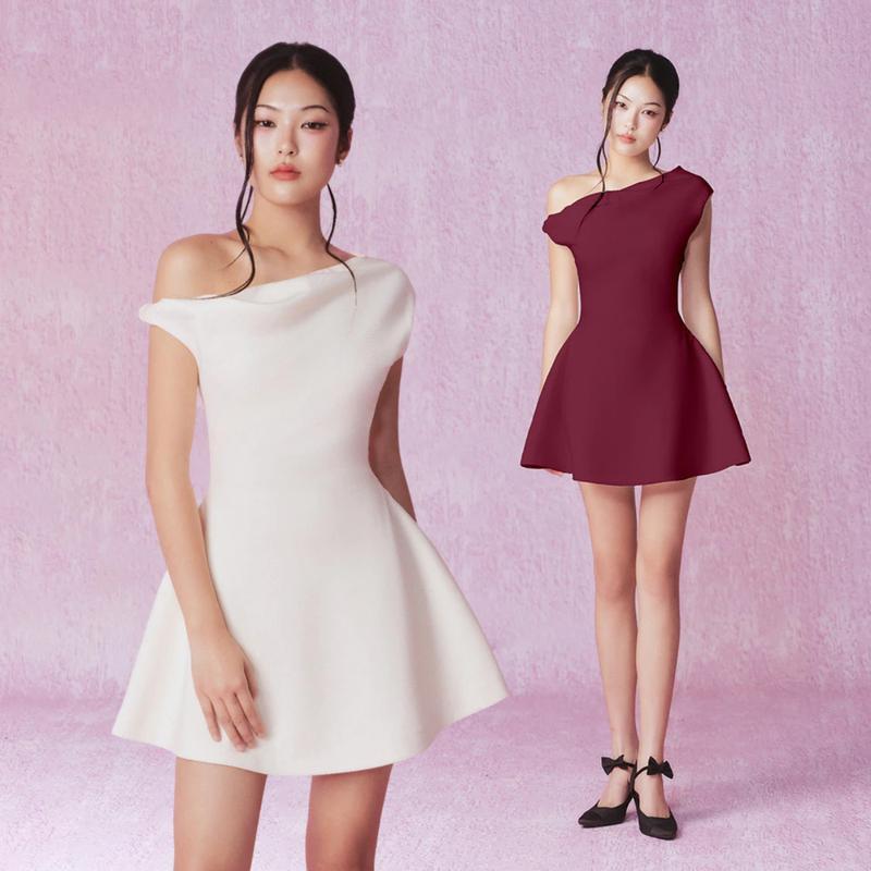 RECHIC Đầm ngắn Eryk lệch vai chiết eo dáng xòe sang trọng thanh lịch nữ tính