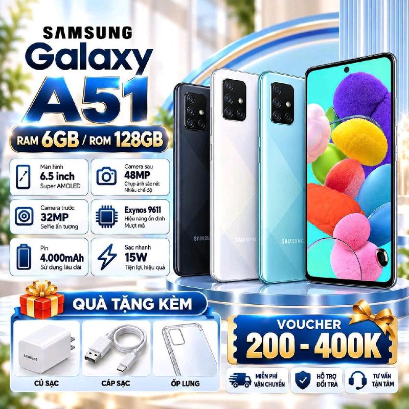 322: 2ND HAND ĐiệnThoại Samsung Galaxy A51 Ram 6/128GB ,Màn Hình Lớn 6.55ind ,Pin 4300Mah ,Sử Dụng 2xim 2 sóng ,lướt Wed Xem Fim Chơi Game Mượt Mà , Bảo Hành 6 tháng ,Tặng Sạc Cáp Ốp Lưng ,dùng được mọi áp ngân hàng Ạ
