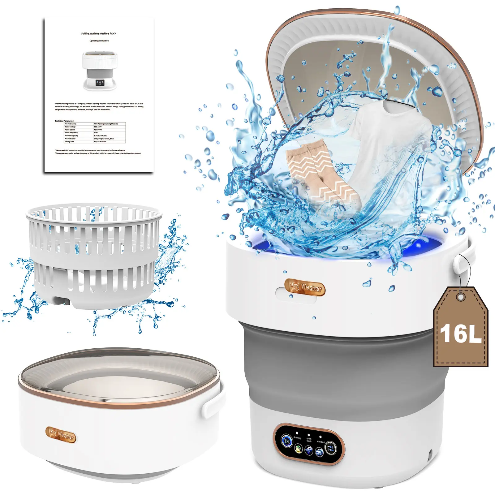 Portable Washing Machine, 16L 2.3kg 2 in 1 Mini Washing Machine with Cleaning of Underwear, Baby Clothes, Socks, Lavadora Portatil Suitable for Apartments, Dorm, Camping