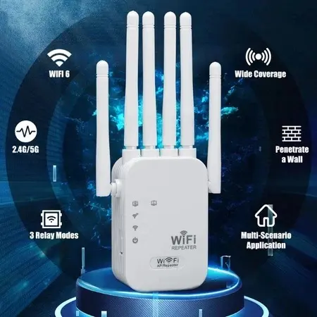 Repeater RE142F-06 1200Mbps Dual-Band 2.4G WiFi Penguat Sinyal, Penguat Router, Pengulang Sinyal, Plug-and-Play, 4/6 Antena Eksternal, Sinyal Kuat Melalui Dinding, Cakupan Seluruh Rumah