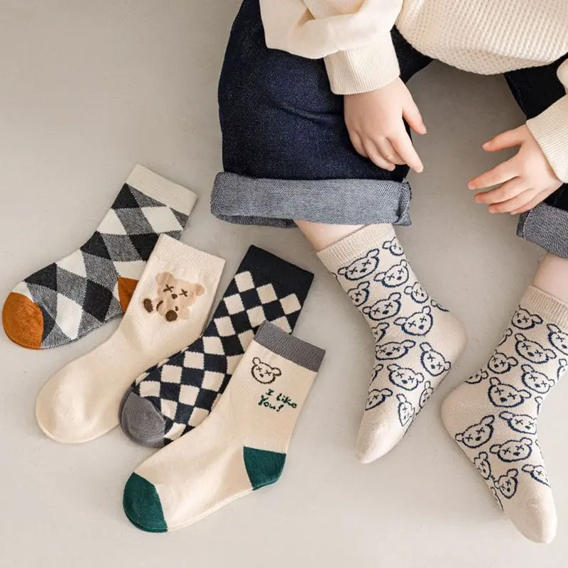 5 Pairs  Cute Little Bear Children's Socks Japanese Cartoon Boys And Girls' Mid length Socks