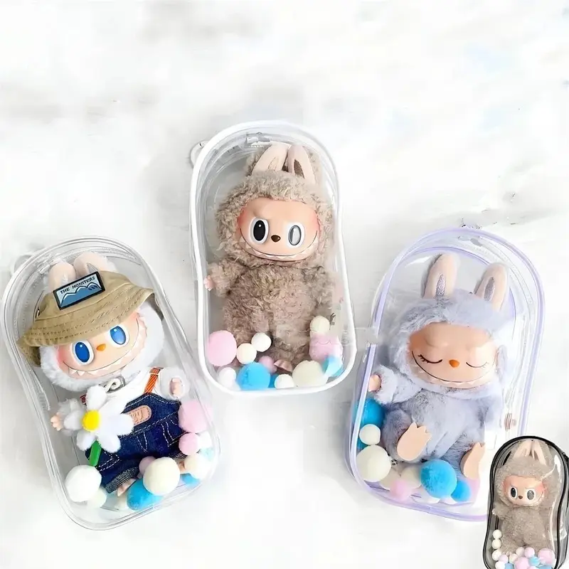 Tas penyimpanan boneka transparan Tas pelindung boneka transparan termasuk gantungan kunci dan pom pom 0