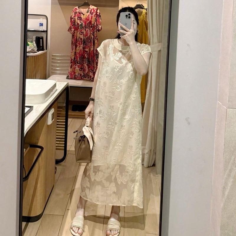 Váy tơ ép hoa màu kem cao cấp kèm dây buộc eo