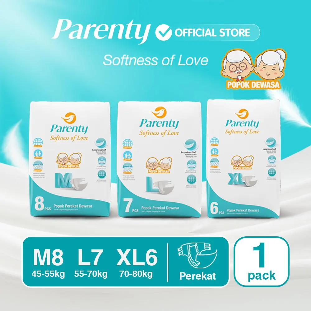 [1 PACK] PARENTY Adult Tape Soft Diapers Size M8/L7/XL6 - Kemasan Baru Popok Perekat Dewasa Lembut Menyerap Cepat Popok orangtua celana dewasa Popok Celana popok dewasa