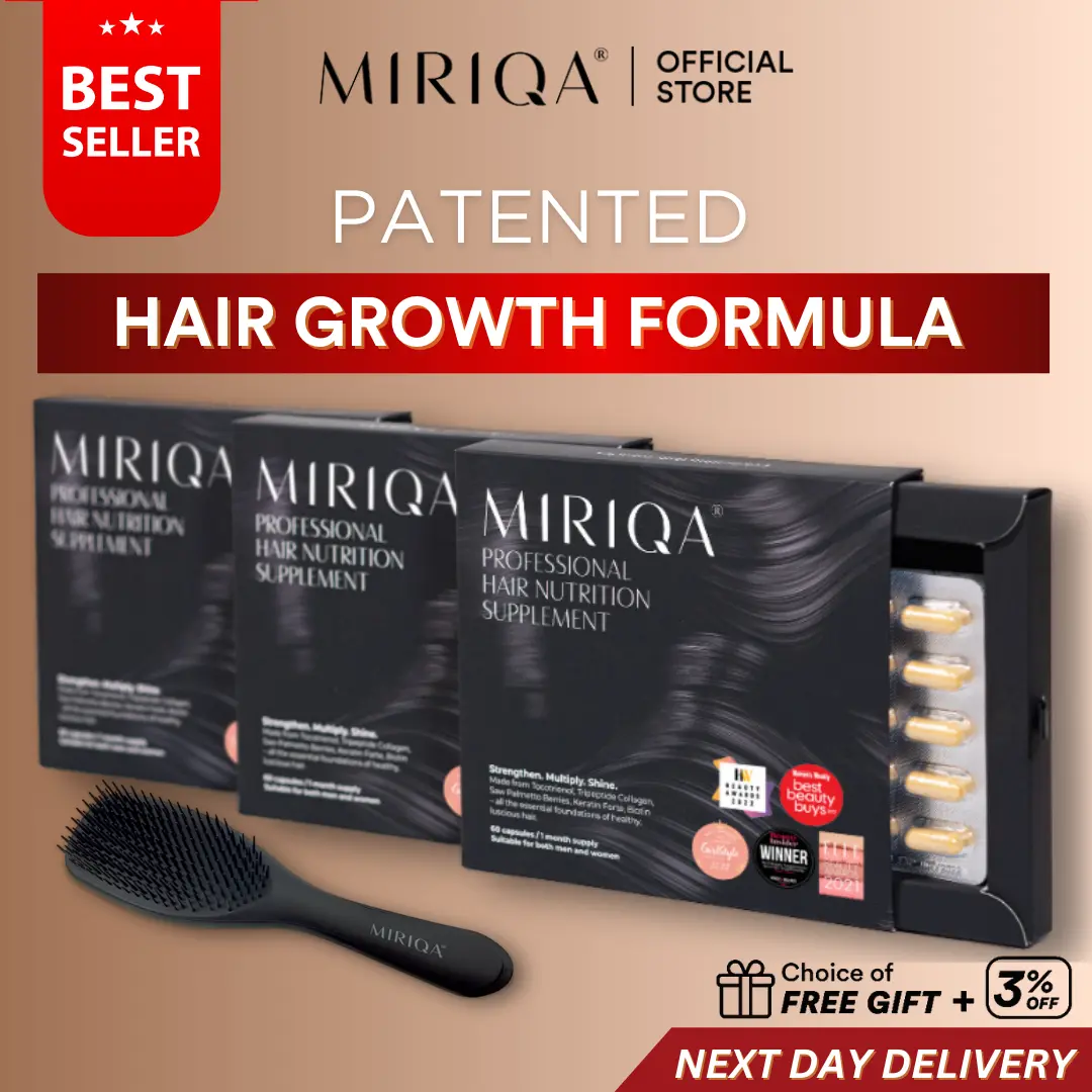 MIRIQA Professional Hair Nutrition Supplement [Haircare : Keratin Biotin] - For Receding Hairline [3-months' supply with Free MIRIQA Hair Brush]