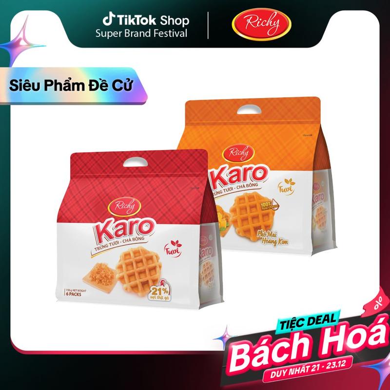 Combo 2 Bánh Karo Trứng Tươi Chà Bông, Bánh Karo Richy 2 Vị Chà Bông Gà Và Phô Mai Hoàng Kim