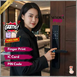 Pintu Kunci Cerdas Modern Smart Door Lock PREMIUM 4-in-1 dengan Sidik Jari, PIN, Kartu Akses, Kunci Manual, Pegangan Reversible, Hitam Elegan, Baterai AA 6V, 27 CM x 5 CM