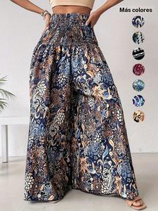 Pantalones de pierna ancha con cintura fruncida y estampado étnico para mujer, pantalones informales de cintura alta estilo boho para el día a día, pantalones de mujer para todas las temporadas