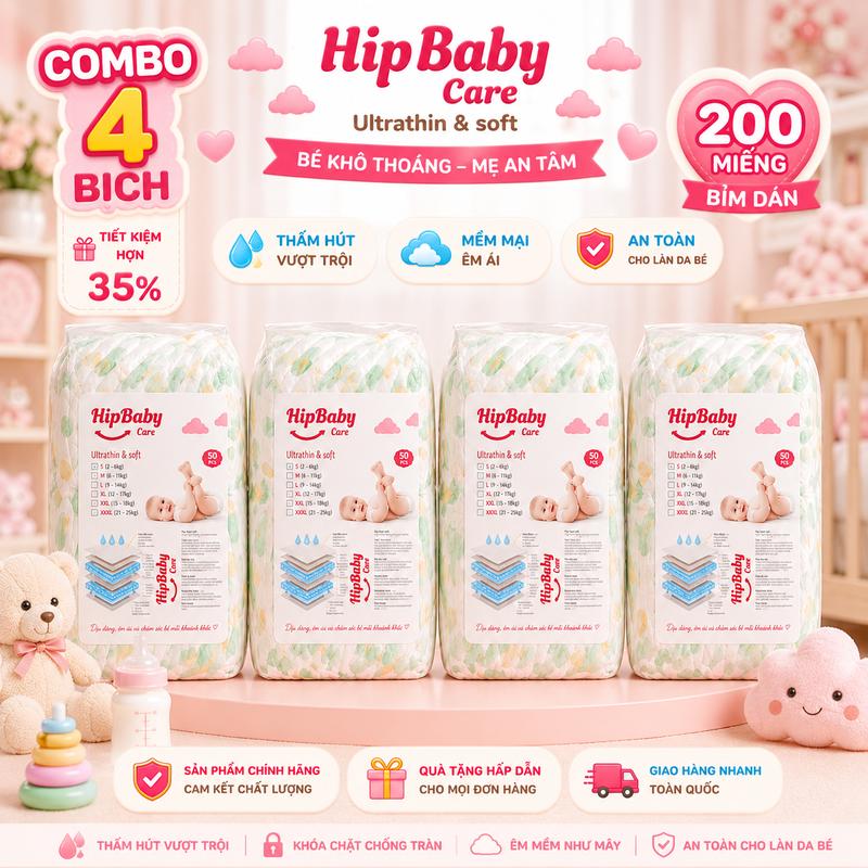 200 bỉm quần/dán HipBaby đủ size S-3XL cho bé từ sơ sinh đến 21 kg