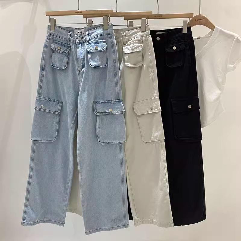 Product Introduction of Cargo Denim Biru mdua / hitam /Pasir Putih Highwaist Loose Celana Jeans Wanita Korea(realpict) 3