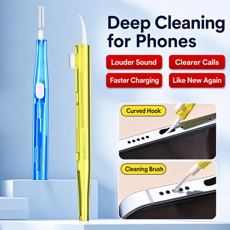 Bộ dụng cụ vệ sinh điện thoại 2 trong 1: Dụng cụ vệ sinh tai nghe, loa, cổng sạc có thể thu gọn, chổi quét bụi khe hở.
