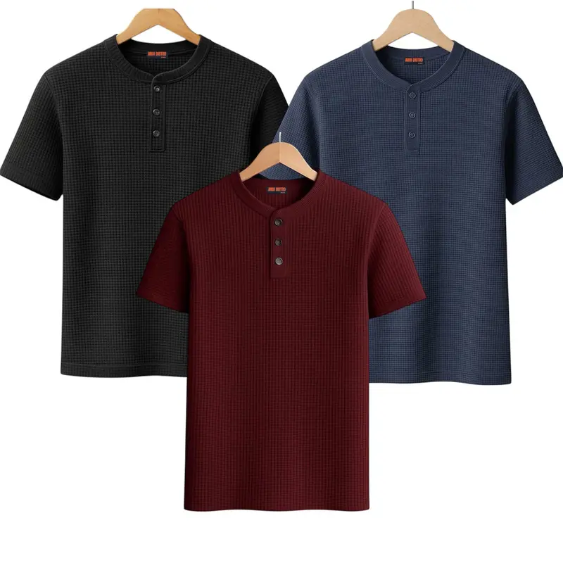 Paket 3 Pcs Kaos Pria Polos Waffle Kancing Shanghai Santai Crew Neck - Baju, Pendek 3