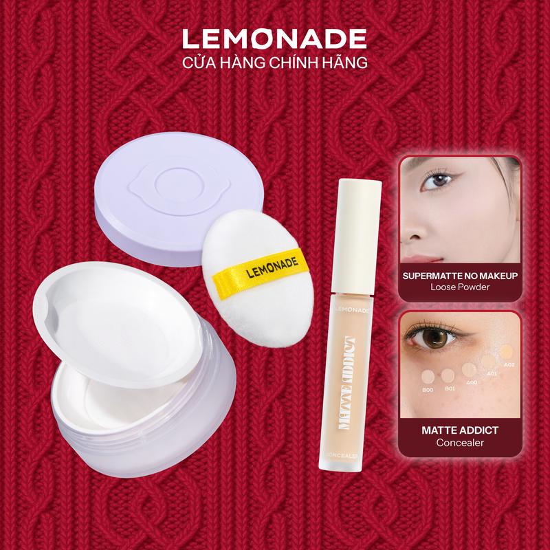  Combo 01 Phấn phủ mỏng nhẹ kiềm dầu thuần chay chống nắng Lemonade Supermatte No Makeup Loose Powder 9g và 01 Kem Che Khuyết Điểm Kiềm Dầu Bền Màu Lemonade Matte Addict Concealer 3g 