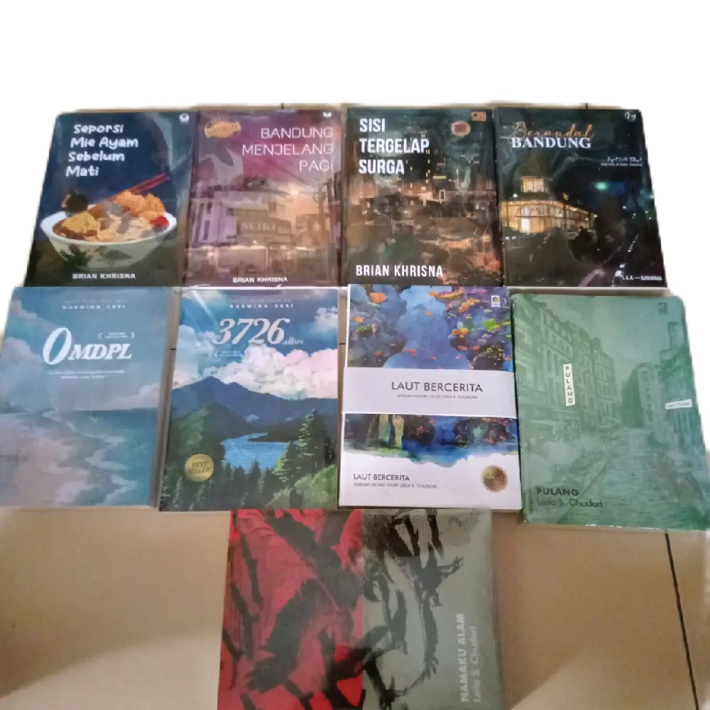 buku novel bebas pilih laut bercerita, bandung menjelang pagi,sisi tergelap surga,3726 mdpl, seporsi mie ayam