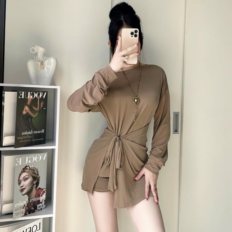  Váy nữ xinh 430 Áo Body Dáng Dài Giả Váy Kèm Quần Short – Thiết Kế Xoắn Eo Che Bụng Thun ladong Co Giãn KÈM QUẦN 