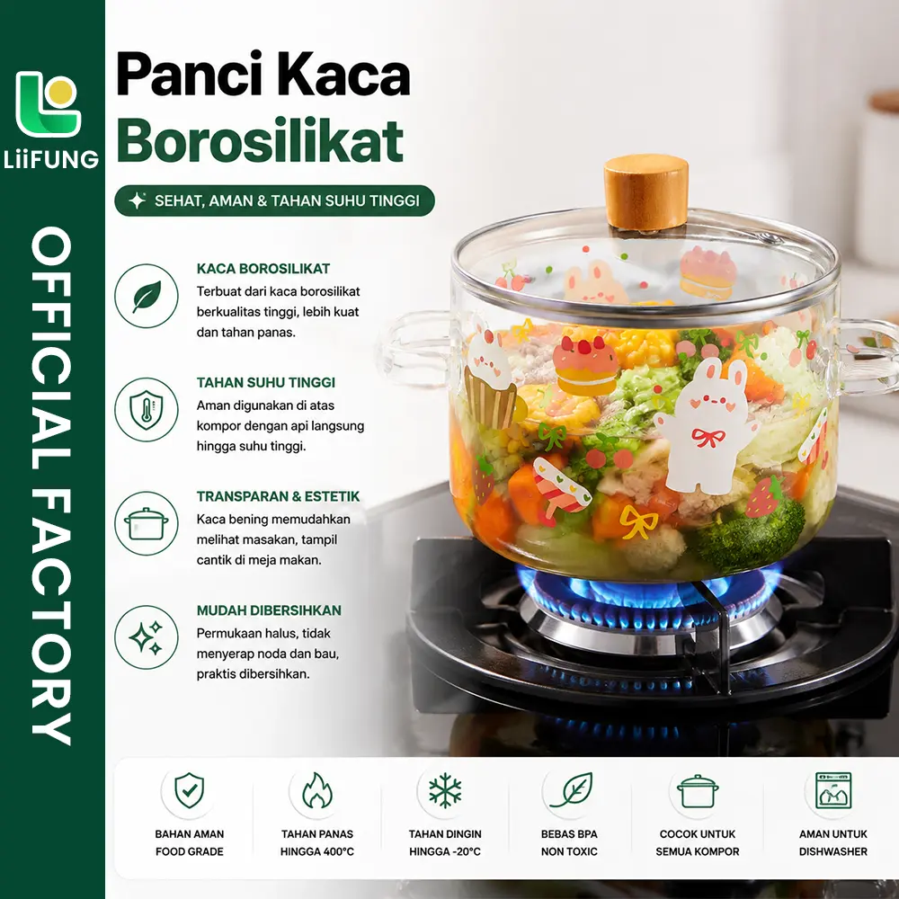 Panci Soup Rebus Kaca Tebal 1700ml Borosilicate Glass Cooking Soup Pot Transparan Anti Panas