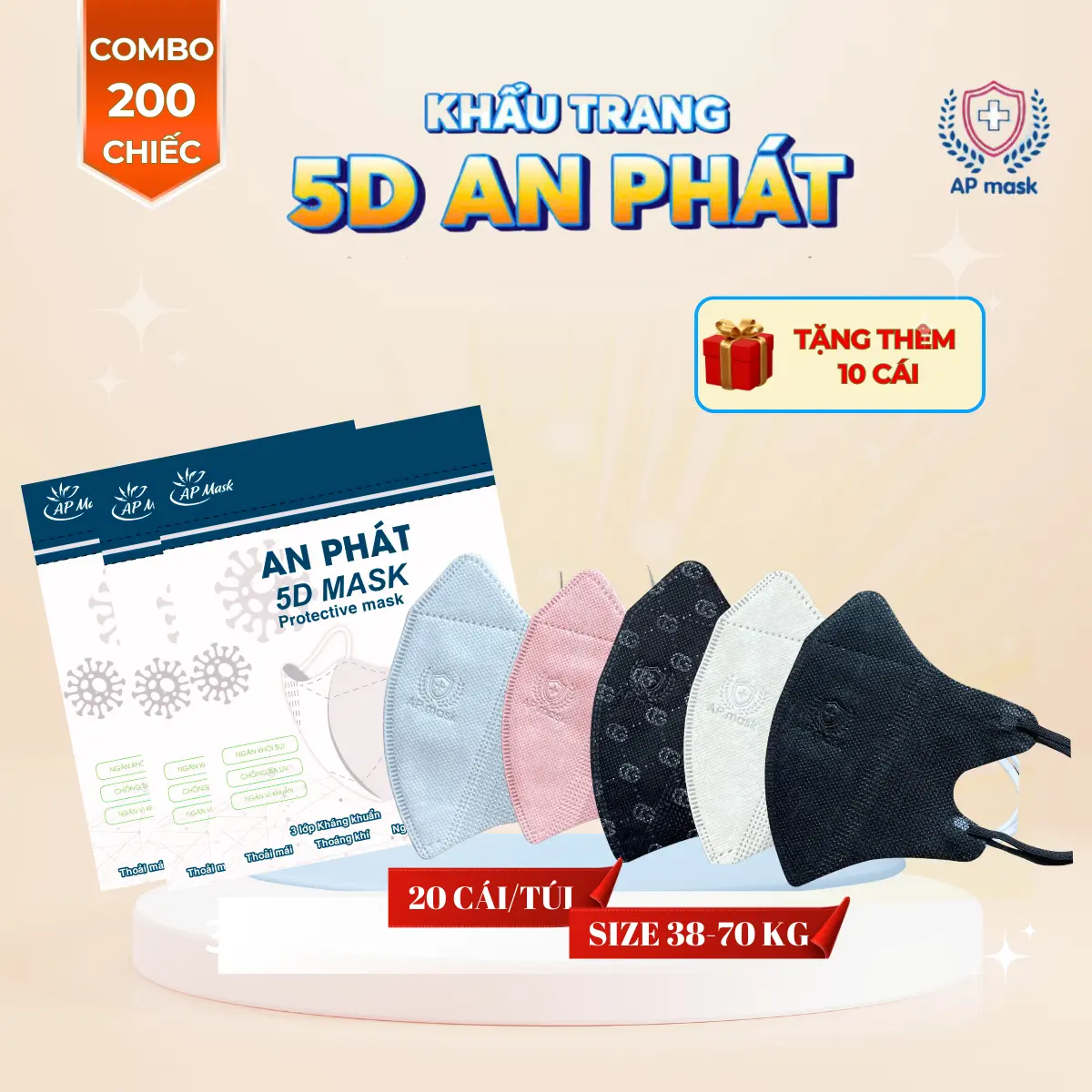 200 cái (Tặng 10 cái) khẩu trang 5D An Phát 3 lớp kháng khuẩn, chống tia UV, không gây lem son môi, Nhung Phụ Kiện Women