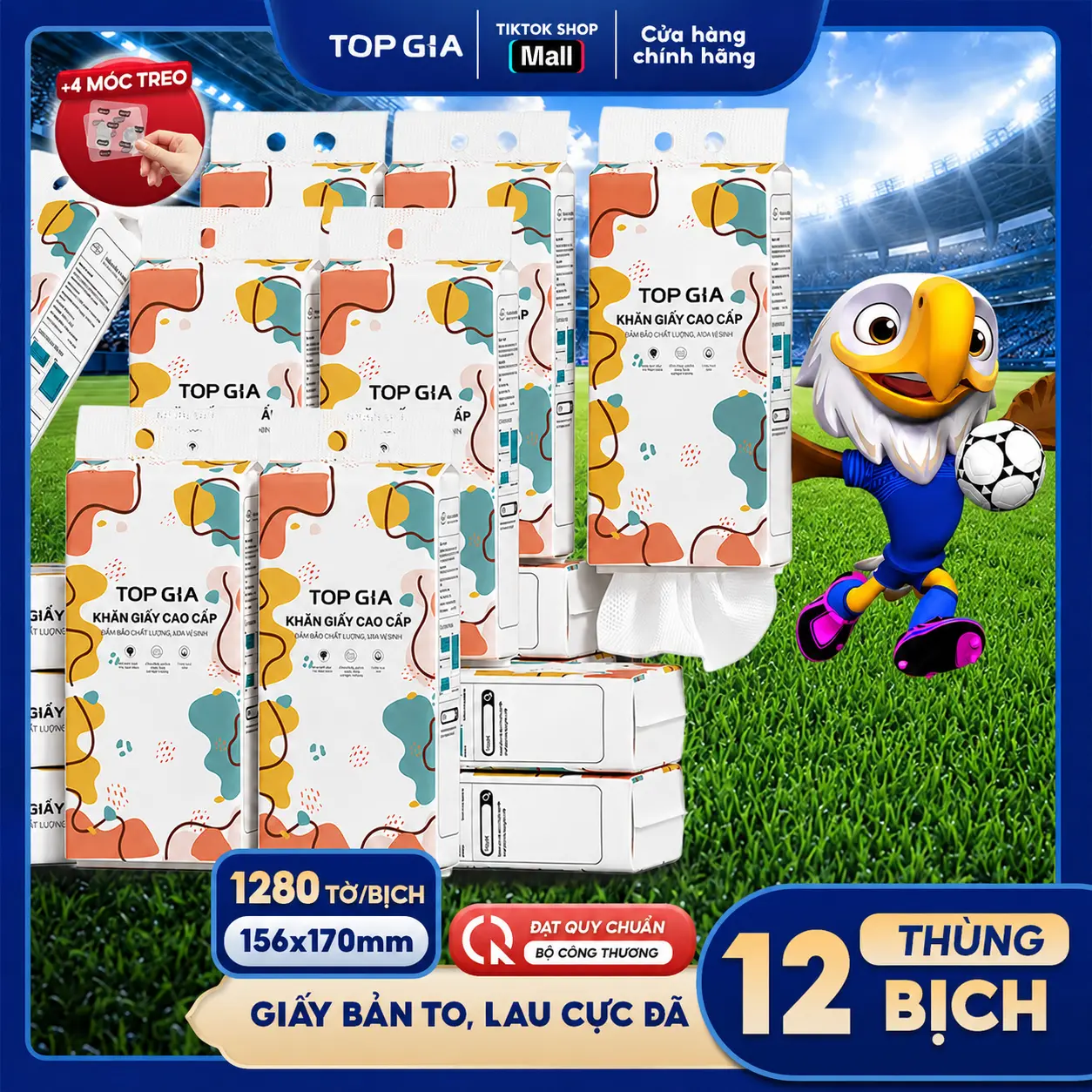 (GIẤY BẢN TO - TIẾT KIỆM HƠN) Thùng 12 bịch khăn giấy Size XL CỠ ĐẠI 1280 tờ cao cấp treo tường TopGia, KÍCH THƯỚC GIẤY TO 158X170mm, 4 lớp không bụi mịn, rút tiện lợi Giấy Vệ Sinh (tặng 4 móc treo) đa năng ĐẠT QUY CHUẨN CỦA BỘ CÔNG THƯƠNG (RDS)